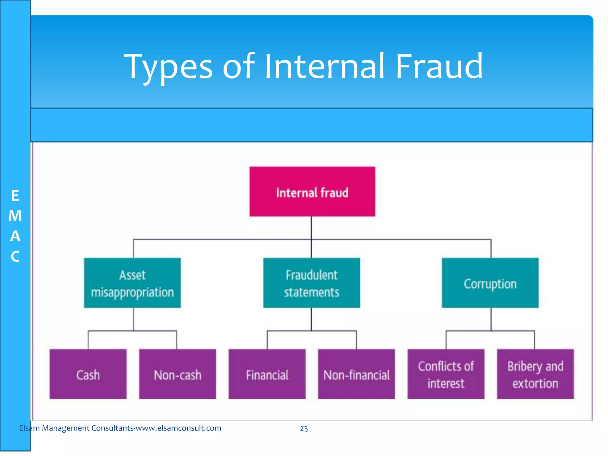 E
M
A
C
Elsam Management Consultants-www.elsamconsult.com 23
Types of Internal Fraud
 