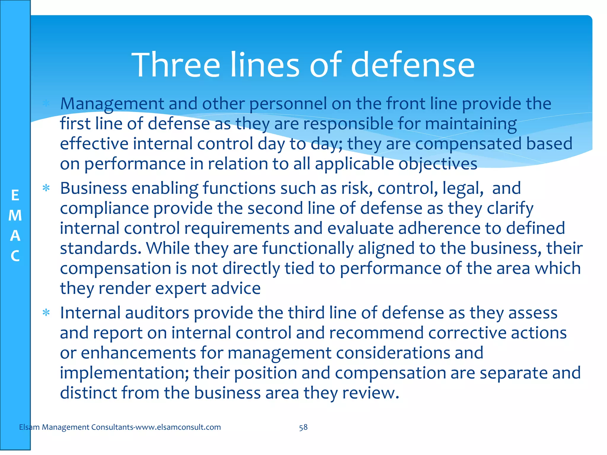 E
M
A
C
 Management and other personnel on the front line provide the
first line of defense as they are responsible for maintaining
effective internal control day to day; they are compensated based
on performance in relation to all applicable objectives
 Business enabling functions such as risk, control, legal, and
compliance provide the second line of defense as they clarify
internal control requirements and evaluate adherence to defined
standards. While they are functionally aligned to the business, their
compensation is not directly tied to performance of the area which
they render expert advice
 Internal auditors provide the third line of defense as they assess
and report on internal control and recommend corrective actions
or enhancements for management considerations and
implementation; their position and compensation are separate and
distinct from the business area they review.
Elsam Management Consultants-www.elsamconsult.com 58
Three lines of defense
 