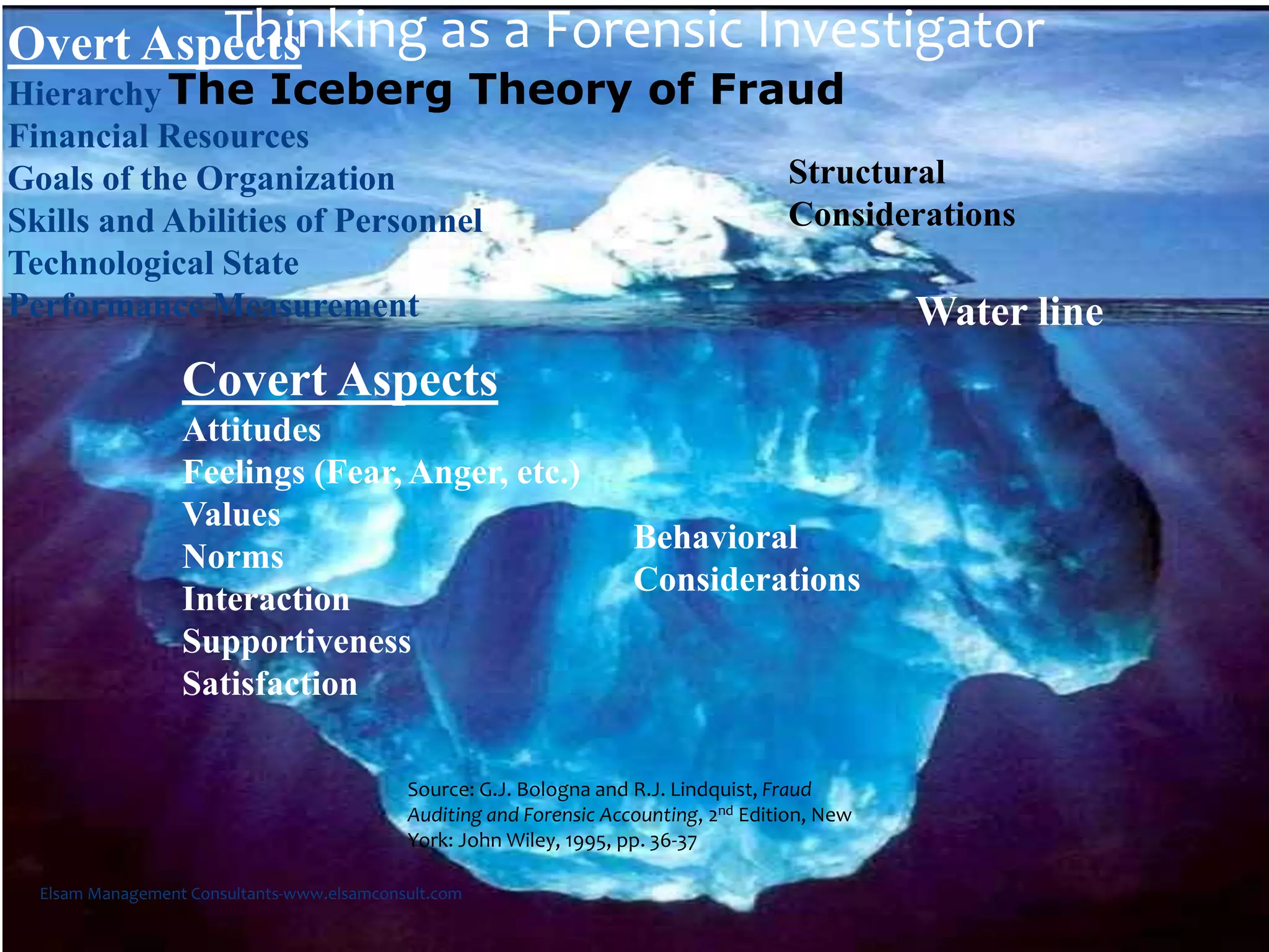 90
Covert Aspects
Attitudes
Feelings (Fear, Anger, etc.)
Values
Norms
Interaction
Supportiveness
Satisfaction
Overt Aspects
Hierarchy
Financial Resources
Goals of the Organization
Skills and Abilities of Personnel
Technological State
Performance Measurement
Behavioral
Considerations
Water line
Thinking as a Forensic Investigator
Structural
Considerations
The Iceberg Theory of Fraud
Source: G.J. Bologna and R.J. Lindquist, Fraud
Auditing and Forensic Accounting, 2nd Edition, New
York: John Wiley, 1995, pp. 36-37
Elsam Management Consultants-www.elsamconsult.com
 