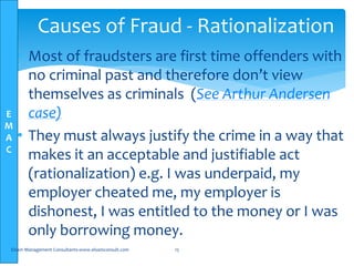 E
M
A
C
• Most of fraudsters are first time offenders with
no criminal past and therefore don’t view
themselves as criminals (See Arthur Andersen
case)
• They must always justify the crime in a way that
makes it an acceptable and justifiable act
(rationalization) e.g. I was underpaid, my
employer cheated me, my employer is
dishonest, I was entitled to the money or I was
only borrowing money.
Elsam Management Consultants-www.elsamconsult.com 15
Causes of Fraud - Rationalization
 