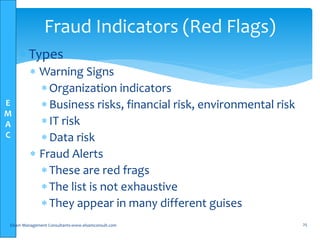 E
M
A
C
 Types
 Warning Signs
Organization indicators
Business risks, financial risk, environmental risk
IT risk
Data risk
 Fraud Alerts
These are red frags
The list is not exhaustive
They appear in many different guises
Elsam Management Consultants-www.elsamconsult.com 25
Fraud Indicators (Red Flags)
 