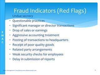 E
M
A
C
 Undue secrecy
• Questionable practices
• Significant manager or director transactions
• Drop of sales or earnings
• Aggressive accounting treatment
• Posting of transactions to headquarters
• Receipt of poor quality goods
• Related party arrangements
• Weak security checks for employees
• Delay in submission of reports
Elsam Management Consultants-www.elsamconsult.com 31
Fraud Indicators (Red Flags)
 