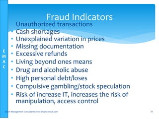 E
M
A
C
• Unauthorized transactions
• Cash shortages
• Unexplained variation in prices
• Missing documentation
• Excessive refunds
• Living beyond ones means
• Drug and alcoholic abuse
• High personal debt/loses
• Compulsive gambling/stock speculation
• Risk of increase IT, increases the risk of
manipulation, access control
Elsam Management Consultants-www.elsamconsult.com 33
Fraud Indicators
 