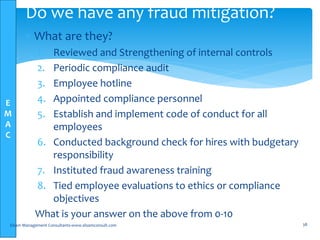 E
M
A
C
 What are they?
1. Reviewed and Strengthening of internal controls
2. Periodic compliance audit
3. Employee hotline
4. Appointed compliance personnel
5. Establish and implement code of conduct for all
employees
6. Conducted background check for hires with budgetary
responsibility
7. Instituted fraud awareness training
8. Tied employee evaluations to ethics or compliance
objectives
What is your answer on the above from 0-10
Elsam Management Consultants-www.elsamconsult.com 38
Do we have any fraud mitigation?
 
