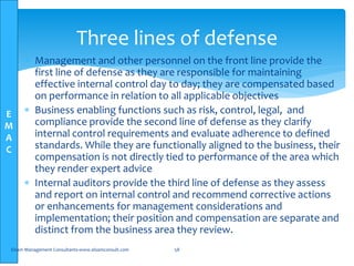 E
M
A
C
 Management and other personnel on the front line provide the
first line of defense as they are responsible for maintaining
effective internal control day to day; they are compensated based
on performance in relation to all applicable objectives
 Business enabling functions such as risk, control, legal, and
compliance provide the second line of defense as they clarify
internal control requirements and evaluate adherence to defined
standards. While they are functionally aligned to the business, their
compensation is not directly tied to performance of the area which
they render expert advice
 Internal auditors provide the third line of defense as they assess
and report on internal control and recommend corrective actions
or enhancements for management considerations and
implementation; their position and compensation are separate and
distinct from the business area they review.
Elsam Management Consultants-www.elsamconsult.com 58
Three lines of defense
 