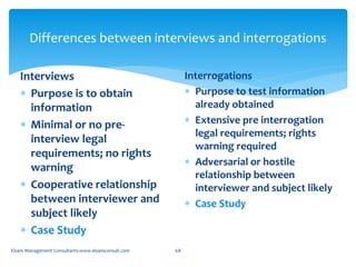 Differences between interviews and interrogations
Interviews
 Purpose is to obtain
information
 Minimal or no pre-
interview legal
requirements; no rights
warning
 Cooperative relationship
between interviewer and
subject likely
 Case Study
Interrogations
 Purpose to test information
already obtained
 Extensive pre interrogation
legal requirements; rights
warning required
 Adversarial or hostile
relationship between
interviewer and subject likely
 Case Study
Elsam Management Consultants-www.elsamconsult.com 68
 