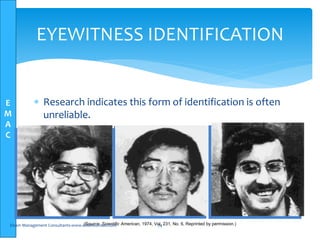 E
M
A
C
EYEWITNESS IDENTIFICATION
 Research indicates this form of identification is often
unreliable.
 Human perception and memory are selective do not
make exact copies
(Source: Scientific American, 1974, Vol. 231, No. 6, Reprinted by permission.)Elsam Management Consultants-www.elsamconsult.com 74
 