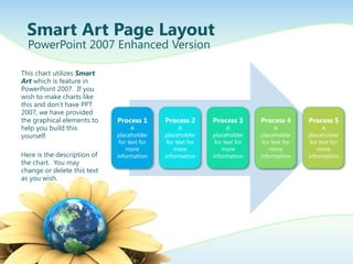 Smart Art Page Layout
  PowerPoint 2007 Enhanced Version

This chart utilizes Smart
Art which is feature in
PowerPoint 2007. If you
wish to make charts like
this and don’t have PPT
2007, we have provided
the graphical elements to    Process 1       Process 2       Process 3       Process 4       Process 5
help you build this                A               A               A               A               A
yourself.                    placeholder     placeholder     placeholder     placeholder     placeholder
                              for text for    for text for    for text for    for text for    for text for
                                 more            more            more            more            more
Here is the description of   information     information     information     information     information
the chart. You may
change or delete this text
as you wish.
 