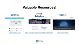 38
Valuable Resources!
neo4jsandbox.com https://neo4j.com/use-cases/fraud-detection/ neo4j.com/product
Sandbox
Fraud
Detection
Product
 