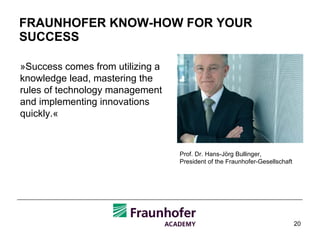 FRAUNHOFER KNOW-HOW FOR YOUR SUCCESS »Success comes from utilizing a knowledge lead, mastering the rules of technology management and implementing innovations quickly.« Prof. Dr. Hans-Jörg Bullinger,  President of the Fraunhofer-Gesellschaft 