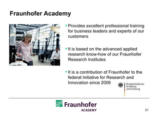 Fraunhofer Academy Provides excellent professional training for business leaders and experts of our customers It is based on the advanced applied research know-how of our Fraunhofer Research Institutes It is a contribution of Fraunhofer to the federal Initiative for Research and Innovation since 2006 