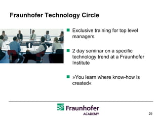 Fraunhofer Technology Circle Exclusive training for top level managers  2 day seminar on a specific technology trend at a Fraunhofer Institute »You learn where know-how is created« 
