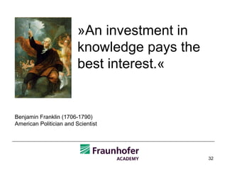 »An investment in knowledge pays the best interest.« Benjamin Franklin (1706-1790) American Politician and Scientist 