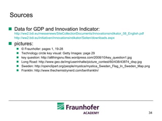 Sources Data for GDP and Innovation Indicator: http://ww2.bdi.eu/messenews/SiteCollectionDocuments/Innovationsindikator_08_English.pdf http://ww2.bdi.eu/initiativen/innovationsindikator/Seiten/downloads.aspx pictures: © Fraunhofer: pages 1, 19-28 Technology circle key visual: Getty Images: page 29 key question: http://allthingsnu.files.wordpress.com/2008/10/key_question1.jpg Long Road: http://www.geo.de/img/userinhalte/picture_contest/60/438/43874_disp.jpg Sweden: http://openclipart.org/people/mystica/mystica_Sweden_Flag_In_Sweden_Map.png Franklin: http://www.thechemistrynerd.com/benfranklin/ 