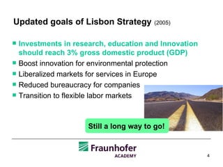 Updated goals of Lisbon Strategy   (2005)   Investments in research, education and Innovation should reach 3% gross domestic product (GDP) Boost innovation for environmental protection  Liberalized markets for services in Europe Reduced bureaucracy for companies Transition to flexible labor markets Still a long way to go! 