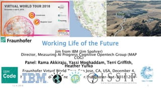 Working Life of the Future
Jim from IBM (Jim Spohrer)
Director, Measuring AI Progress Cognitive Opentech Group (MAP
COG)
Panel: Rama Akkiraju, Yassi Moghaddam, Terri Griffith,
Heather Yurko
Fraunhofer Virtual World Tour, San Jose, CA, USA, December 4,
2018
https://www.slideshare.net/spohrer/fraunhofer-vwt-20181204-
v4
12/4/2018
(c) IBM MAP COG .|
1
 