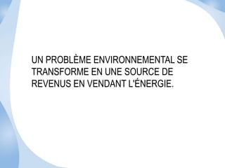 UN PROBLÈME ENVIRONNEMENTAL SE 
TRANSFORME EN UNE SOURCE DE 
REVENUS EN VENDANT L'ÉNERGIE. 
 