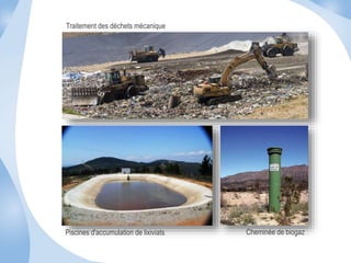Traitement des déchets mécanique 
Piscines d'accumulation de lixiviats Cheminée de biogaz 
 