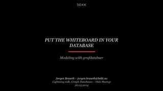 PUT THE WHITEBOARD IN YOUR
DATABASE
Modeling with grafdatabser
Lightning talk, Graph Databases – Oslo Meetup
26.05.2014
Jørgen Braseth – jorgen.braseth@bekk.no
 