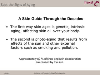 4/2/2011Confidential and Proprietary to Reliant Technologies, Inc.  The first way skin ages is genetic, intrinsic     aging, affecting skin all over your body.   The second is photo-aging that results from     effects of the sun and other external     factors such as smoking and pollution.Spot the Signs of AgingA Skin Guide Through the DecadesApproximately 80 % of lines and skin discoloration are caused by the sun. 