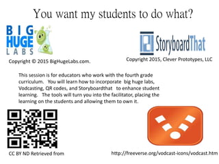 This session is for educators who work with the fourth grade
curriculum. You will learn how to incorporate big huge labs,
Vodcasting, QR codes, and Storyboardthat to enhance student
learning. The tools will turn you into the facilitator, placing the
learning on the students and allowing them to own it.
You want my students to do what?
Copyright 2015, Clever Prototypes, LLC
http://freeverse.org/vodcast-icons/vodcast.htm
Copyright © 2015 BigHugeLabs.com.
CC BY ND Retrieved from
 