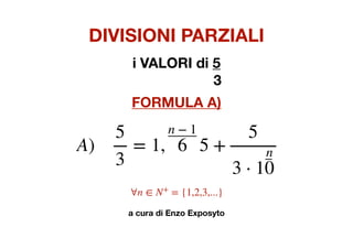 DIVISIONI PARZIALI
i VALORI di 5
3
FORMULA A)
a cura di Enzo Exposyto
A)
5
3
= 1,
n − 1
6 5 +
5
3 ⋅ 1
n
0
∀n ∈ N+
= {1,2,3,...}
 
