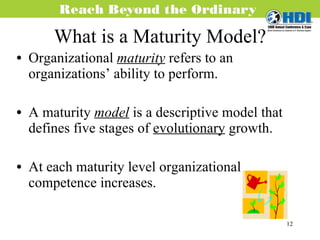 What is a Maturity Model? Organizational  maturity   refers to an organizations’ ability to perform. A maturity  model  is a descriptive model that defines five stages of  evolutionary  growth. At each maturity level organizational competence increases. 