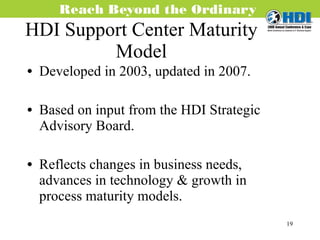 HDI Support Center Maturity Model Developed in 2003, updated in 2007. Based on input from the HDI Strategic Advisory Board. Reflects changes in business needs, advances in technology & growth in process maturity models. 