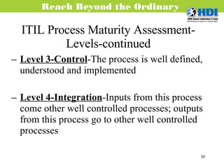 ITIL Process Maturity Assessment-Levels-continued Level 3-Control -The process is well defined, understood and implemented Level 4-Integration -Inputs from this process come other well controlled processes; outputs from this process go to other well controlled processes 