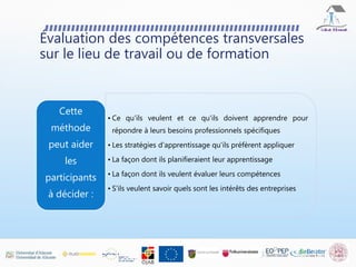 Évaluation des compétences transversales
sur le lieu de travail ou de formation
• Ce qu'ils veulent et ce qu'ils doivent apprendre pour
répondre à leurs besoins professionnels spécifiques
• Les stratégies d'apprentissage qu'ils préfèrent appliquer
• La façon dont ils planifieraient leur apprentissage
• La façon dont ils veulent évaluer leurs compétences
• S'ils veulent savoir quels sont les intérêts des entreprises
Cette
méthode
peut aider
les
participants
à décider :
 