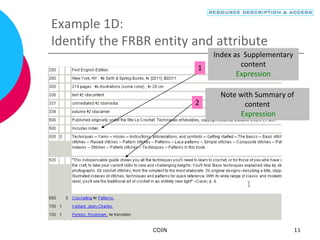 COIN 11
Example 1D:
Identify the FRBR entity and attribute
Note with Summary of
content
Expression
Index as Supplementary
content
Expression
1
2
 