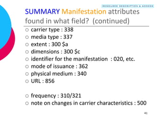 41
SUMMARY Manifestation attributes
found in what field? (continued)
 carrier type : 338
 media type : 337
 extent : 300 $a
 dimensions : 300 $c
 identifier for the manifestation : 020, etc.
 mode of issuance : 362
 physical medium : 340
 URL : 856
 frequency : 310/321
 note on changes in carrier characteristics : 500
 