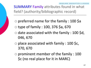 47
SUMMARY Family attributes found in what
field? (authority/bibliographic record)
 preferred name for the family : 100 $a
 type of family : 100, 376 $a, 670
 date associated with the family : 100 $d,
046, 670
 place associated with family : 100 $c,
370, 670
 prominent member of the family : 100
$c (no real place for it in MARC)
 