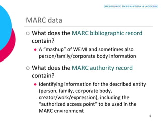5
MARC data
 What does the MARC bibliographic record
contain?
 A “mashup” of WEMI and sometimes also
person/family/corporate body information
 What does the MARC authority record
contain?
 Identifying information for the described entity
(person, family, corporate body,
creator/work/expression), including the
“authorized access point” to be used in the
MARC environment
 