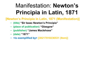 Manifestation: Newton’s
        Principia in Latin, 1871
[Newton’s Principia in Latin, 1871 (Manifestation)]
   –   (title) “Sir Isaac Newton’s Principia”
   –   (place of publication) “Glasgow”
   –   (publisher) “James Maclehose”
   –   (date) “1871”
   –   <is exemplified by> [30217010236531 (Item)]
 