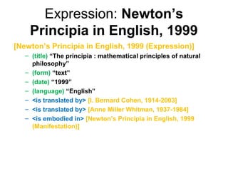 Expression: Newton’s
    Principia in English, 1999
[Newton’s Principia in English, 1999 (Expression)]
   – (title) “The principia : mathematical principles of natural
     philosophy”
   – (form) “text”
   – (date) “1999”
   – (language) “English”
   – <is translated by> [I. Bernard Cohen, 1914-2003]
   – <is translated by> [Anne Miller Whitman, 1937-1984]
   – <is embodied in> [Newton’s Principia in English, 1999
     (Manifestation)]
 