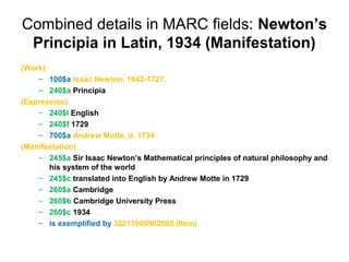 Combined details in MARC fields: Newton’s
 Principia in Latin, 1934 (Manifestation)
(Work)
    – 100$a Isaac Newton, 1642-1727.
    – 240$a Principia
(Expression)
    – 240$l English
    – 240$f 1729
    – 700$a Andrew Motte, d. 1734
(Manifestation)
    – 245$a Sir Isaac Newton’s Mathematical principles of natural philosophy and
       his system of the world
    – 245$c translated into English by Andrew Motte in 1729
    – 260$a Cambridge
    – 260$b Cambridge University Press
    – 260$c 1934
    – is exemplified by 30217009902085 (Item)
 