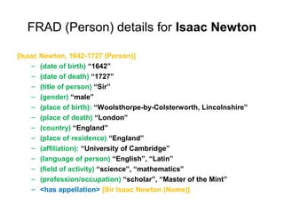 FRAD (Person) details for Isaac Newton

[Isaac Newton, 1642-1727 (Person)]
     – (date of birth) “1642”
     – (date of death) “1727”
     – (title of person) “Sir”
     – (gender) “male”
     – (place of birth): “Woolsthorpe-by-Colsterworth, Lincolnshire”
     – (place of death) “London”
     – (country) “England”
     – (place of residence) “England”
     – (affiliation): “University of Cambridge”
     – (language of person) “English”, “Latin”
     – (field of activity) “science”, “mathematics”
     – (profession/occupation) “scholar”, “Master of the Mint”
     – <has appellation> [Sir Isaac Newton (Name)]
 