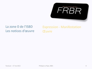 Toulouse -- 27 mai 2013 Philippe Le Pape, ABES 8
La zone 0 de l’ISBD
Les notices d’œuvre
Expression - Manifestation
Œuvre
 