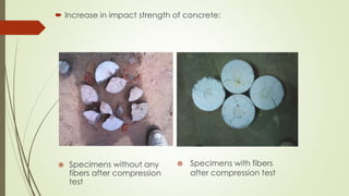  Increase in impact strength of concrete: 
 Specimens without any 
fibers after compression 
test 
 Specimens with fibers 
after compression test 
 