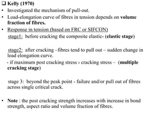  Kelly (1970) 
• Investigated the mechanism of pull-out. 
• Load-elongation curve of fibres in tension depends on volume 
fraction of fibres. 
• Response in tension (based on FRC or SIFCON) 
stage1: before cracking the composite elastic- (elastic stage) 
stage2: after cracking –fibres tend to pull out – sudden change in 
load elongation curve. 
- if maximum post cracking stress › cracking stress – (multiple 
cracking stage) 
stage 3: beyond the peak point - failure and/or pull out of fibres 
across single critical crack. 
• Note : the post cracking strength increases with increase in bond 
strength, aspect ratio and volume fraction of fibres. 
 