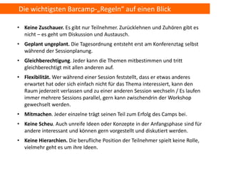 Die wichtigsten Barcamp-„Regeln“ auf einen Blick

• Keine Zuschauer. Es gibt nur Teilnehmer. Zurücklehnen und Zuhören gibt es
  nicht – es geht um Diskussion und Austausch.
• Geplant ungeplant. Die Tagesordnung entsteht erst am Konferenztag selbst
  während der Sessionplanung.
• Gleichberechtigung. Jeder kann die Themen mitbestimmen und tritt
  gleichberechtigt mit allen anderen auf.
• Flexibilität. Wer während einer Session feststellt, dass er etwas anderes
  erwartet hat oder sich einfach nicht für das Thema interessiert, kann den
  Raum jederzeit verlassen und zu einer anderen Session wechseln / Es laufen
  immer mehrere Sessions parallel, gern kann zwischendrin der Workshop
  gewechselt werden.
• Mitmachen. Jeder einzelne trägt seinen Teil zum Erfolg des Camps bei.
• Keine Scheu. Auch unreife Ideen oder Konzepte in der Anfangsphase sind für
  andere interessant und können gern vorgestellt und diskutiert werden.
• Keine Hierarchien. Die berufliche Position der Teilnehmer spielt keine Rolle,
  vielmehr geht es um ihre Ideen.
 
