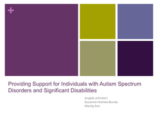 +




Providing Support for Individuals with Autism Spectrum
Disorders and Significant Disabilities
                              Angela Johnston
                              Suzanne Holmes-Bunde
                              Wendy Acri
 