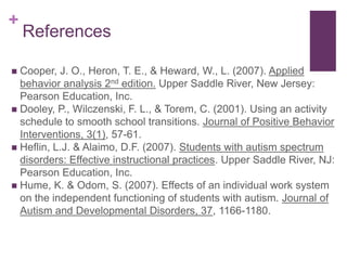 +
    References

 Cooper, J. O., Heron, T. E., & Heward, W., L. (2007). Applied
  behavior analysis 2nd edition. Upper Saddle River, New Jersey:
  Pearson Education, Inc.
 Dooley, P., Wilczenski, F. L., & Torem, C. (2001). Using an activity
  schedule to smooth school transitions. Journal of Positive Behavior
  Interventions, 3(1), 57-61.
 Heflin, L.J. & Alaimo, D.F. (2007). Students with autism spectrum
  disorders: Effective instructional practices. Upper Saddle River, NJ:
  Pearson Education, Inc.
 Hume, K. & Odom, S. (2007). Effects of an individual work system
  on the independent functioning of students with autism. Journal of
  Autism and Developmental Disorders, 37, 1166-1180.
 