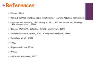 + References
   Kanner, 1943

   Bellini,S (2006), Building Social Relationships, Autism Asperger Publishing Co.

   Peterson and Haralick, 1977;Mundy et al., 1987;Wetherby and Prutting,
   1984;Corona et al., 1988

   Dawson, Meltzoff, Osterling, Rinaldi, and Brown, 1998

   National research council, 2001;Wolery and Garfinkle, 2002

   Terpstera et al., 2002

   Gray,

   Bulgren and Lenz,1996

   Winner

   Utley and Mortweet, 1997
 