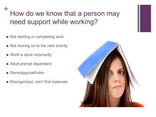+
    How do we know that a person may
    need support while working?

   Not starting or completing work

   Not moving on to the next activity

   Work is done incorrectly

   Adult prompt dependent

   Stereotypy/self-stim

   Disorganized, can’t find materials
 