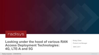 MT09.06.16Radisys Corporation - CONFIDENTIAL
Looking under the hood of various RAN
Access Deployment Technologies:
4G, LTE-A and 5G
Kristy Chen
Product Line Manager
MWC 2017
 