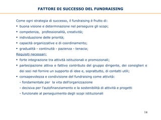 Come ogni strategia di successo, il fundraising è frutto di: buona visione e determinazione nel perseguire gli scopi;  competenza,  professionalità, creatività; individuazione delle priorità;  capacità organizzative e di coordinamento;  gradualità - continuità - pazienza - tenacia; Requisiti necessari: forte integrazione tra attività istituzionali e promozionali; partecipazione attiva e fattivo contributo del gruppo dirigente, dei consiglieri e dei soci nel fornire un supporto di idee e, soprattutto, di contatti utili;  consapevolezza e condivisione del fundraising come attività:  - fondamentale per  la vita dell’organizzazione  - decisiva per l’autofinanziamento e la sostenibilità di attività e progetti - funzionale al perseguimento degli scopi istituzionali FATTORI DI SUCCESSO DEL FUNDRAISING 