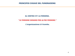 PRINCIPIO CHIAVE DEL FUNDRAISING   AL CENTRO C’E’ LA PERSONA.  “ LE PERSONE DONANO PER ALTRE PERSONE.” L’organizzazione è il tramite. 