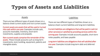Types of Assets and Liabilities
Assets
There are two different types of assets shown on a
balance sheet-current assets and non-current assets
Current assets are assets that will be used or turned
into cash within one year. Examples include cash,
accounts receivable, inventory, short-term
investments, supplies and prepaids.
Non-current assets comprise the remainder of the
assets. These include accounts such as long-term
investments, land, building, equipment, patents and
intangible assets.
Liabilities
There are two different types of liabilities shown on a
balance sheet–current liabilities and long-term liabilities.
Current liabilities are obligations that will be paid in cash (or
other services) or satisfied by providing services within the
coming year. Examples include accounts payable, short-term
notes payable, and taxes payable
Long-term liabilities are obligations that will satisfied after
one year. Examples include long-term debt and deferred
taxes.
11DICKSON CONSULTING
 